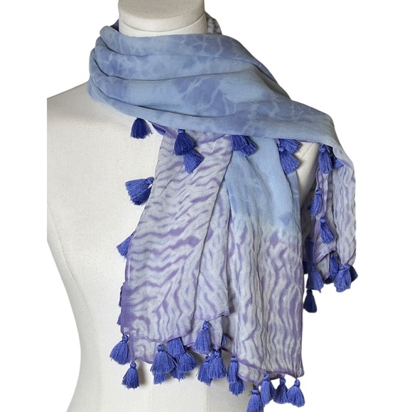 Unbranded Accessories - Boho Shibori Tie Dye Tassel Scarf Blue Lavender Lightweight Wrap OS